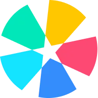 Colorful pinwheel with five curved blades in turquoise, yellow, red, light blue, and blue.